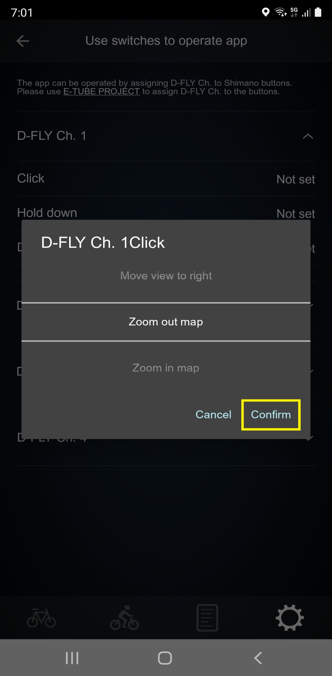 Sélectionnez une opération de l'application puis appuyez sur Confirmer pour terminer la configuration. Essayez de faire un zoom avant ou arrière sur l'écran de la carte à l'aide de l'interrupteur.