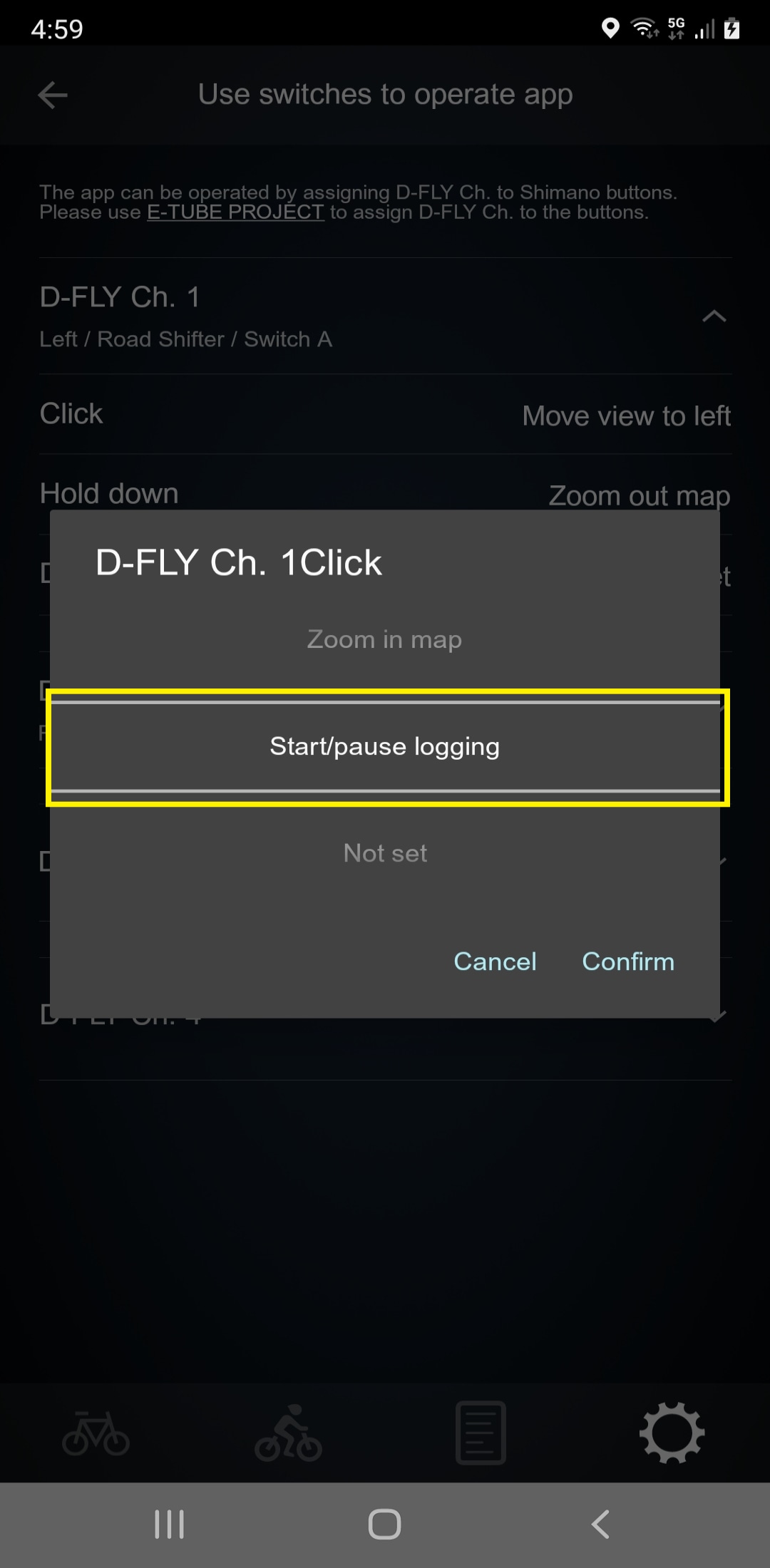 You can also configure the setting to use a switch to toggle between screens or start pause logging your rides.