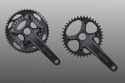 GX cranksets with varying chainring sizes on a gray background