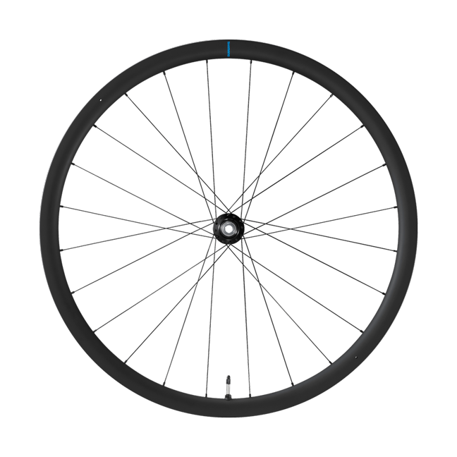 Bicycle front wheel with black rim and thin spokes