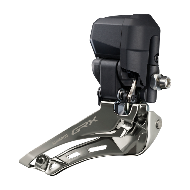 Shimano GRX bicycle front derailleur on black background
