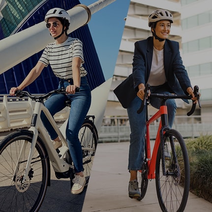 Three people riding Shimano Cues bicycles on a sunny path lined with palm trees