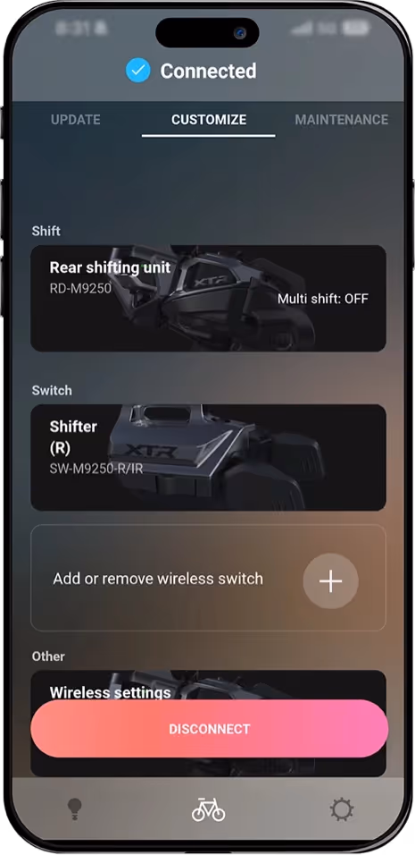 Za pomocą aplikacji w smartfonie możesz łatwo aktualizować oprogramowanie układowe i dostosowywać ustawienia elektronicznej zmiany przełożeń do swoich potrzeb.