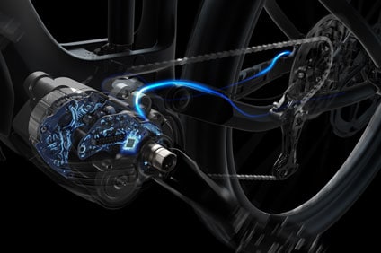 Bicycle drivetrain illustrated with highlighted technological components