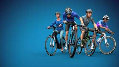 Group of cyclists in various cycling gear riding together against a blue background