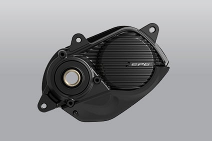 Motore Shimano EP6 nero per bici elettriche con finitura metallica su sfondo grigio