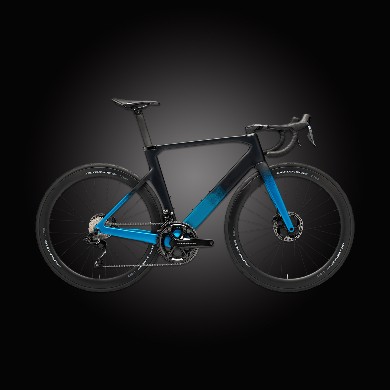 Sleek black and blue road bike against a dark gradient background