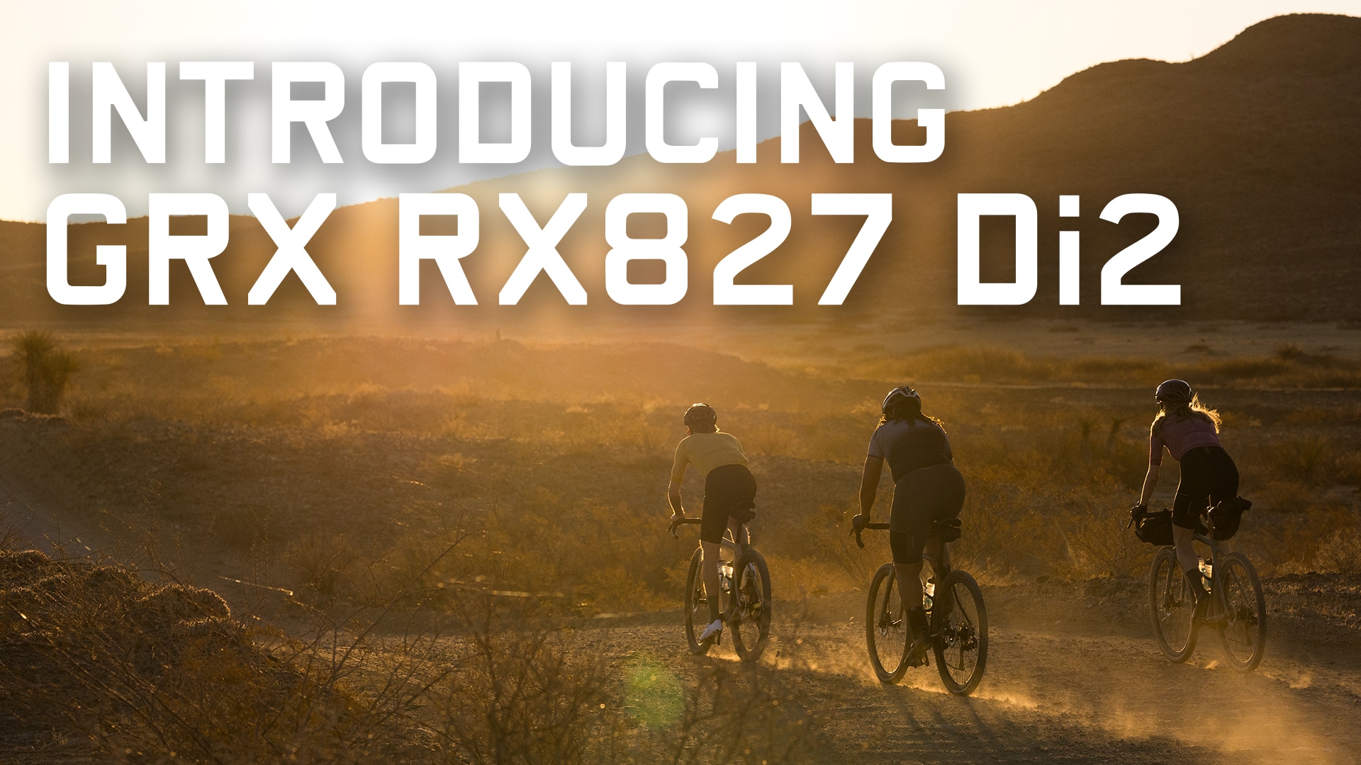 Zwei Radfahrer auf einem Feldweg mit Text GRX Di2 12-Speed und SHIMANO Logo