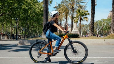 Person fährt an einem sonnigen Tag ein orangefarbenes Fahrrad mit Palmen im Hintergrund.