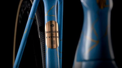 Shimano x Trek logo on a blue bike frame with golden accents