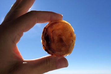 Hand hält Gebäck gegen einen klaren blauen Himmel.
