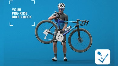 Cyclist holding a bike with text 'Your Pre-Ride Bike Check' on a blue background