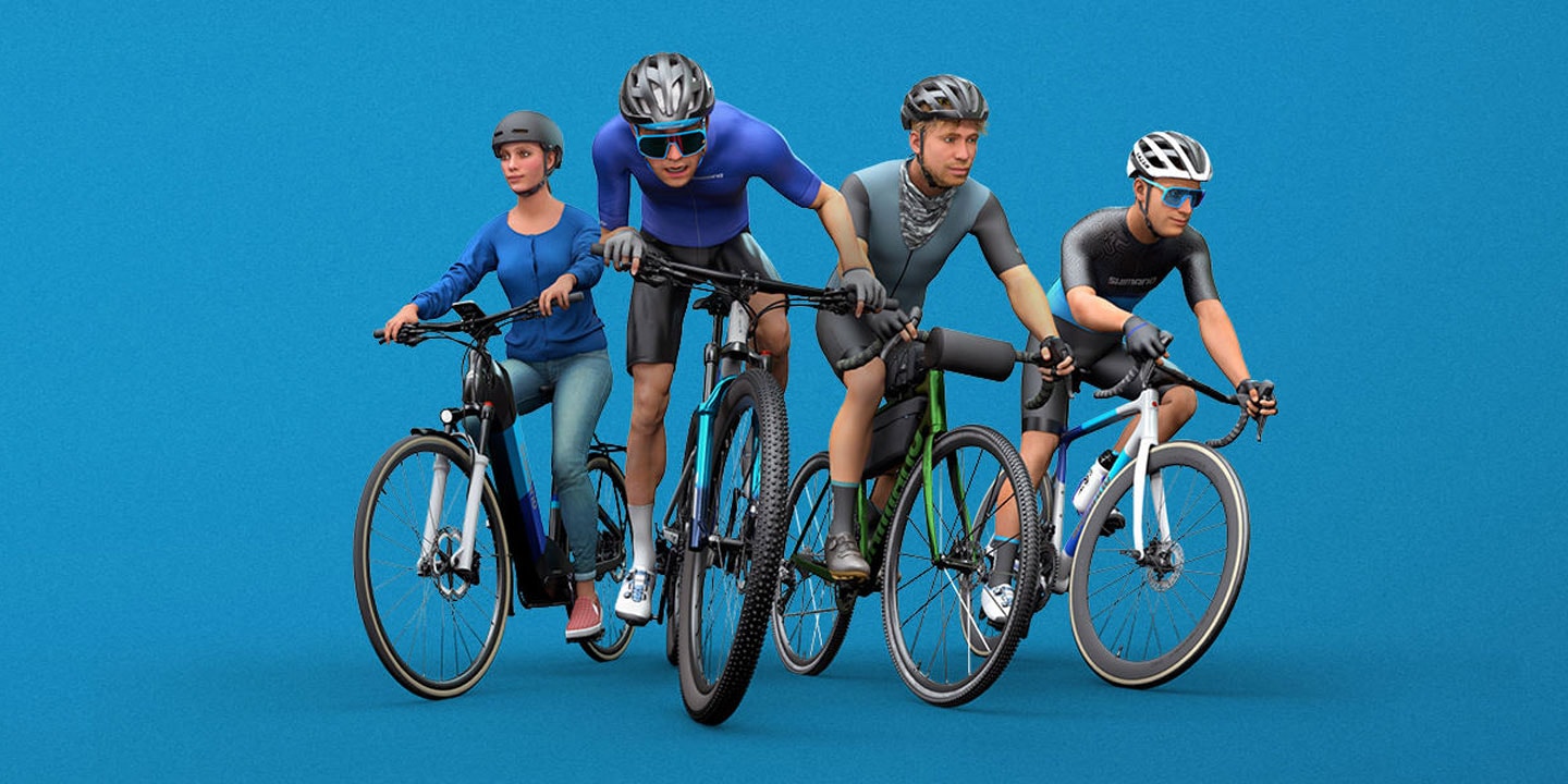 Illustration of four cyclists in different cycling gear riding bicycles against a blue background