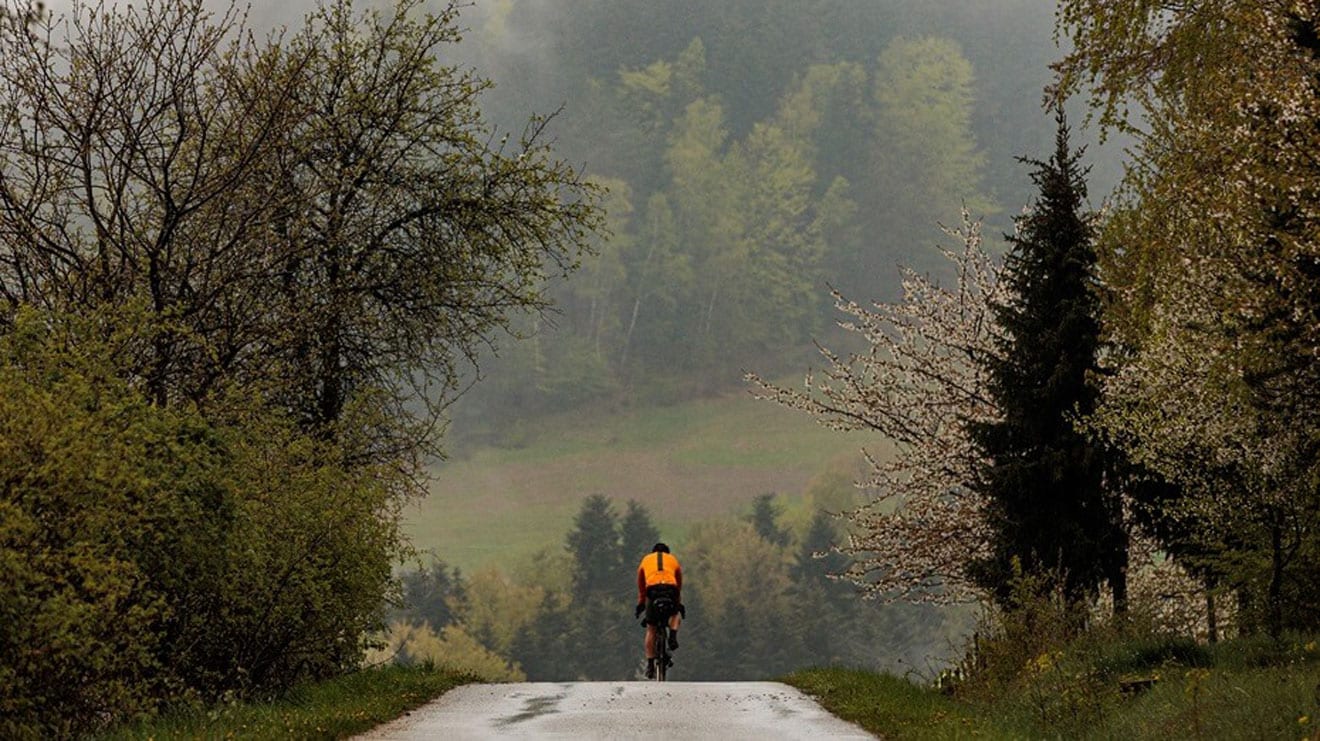 Rowerzysta w pomarańczowej kurtce jedzie po mglistej leśnej drodze.