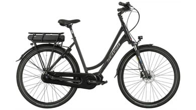 Czarny rower elektryczny Sensa z ramą typu "step-through".