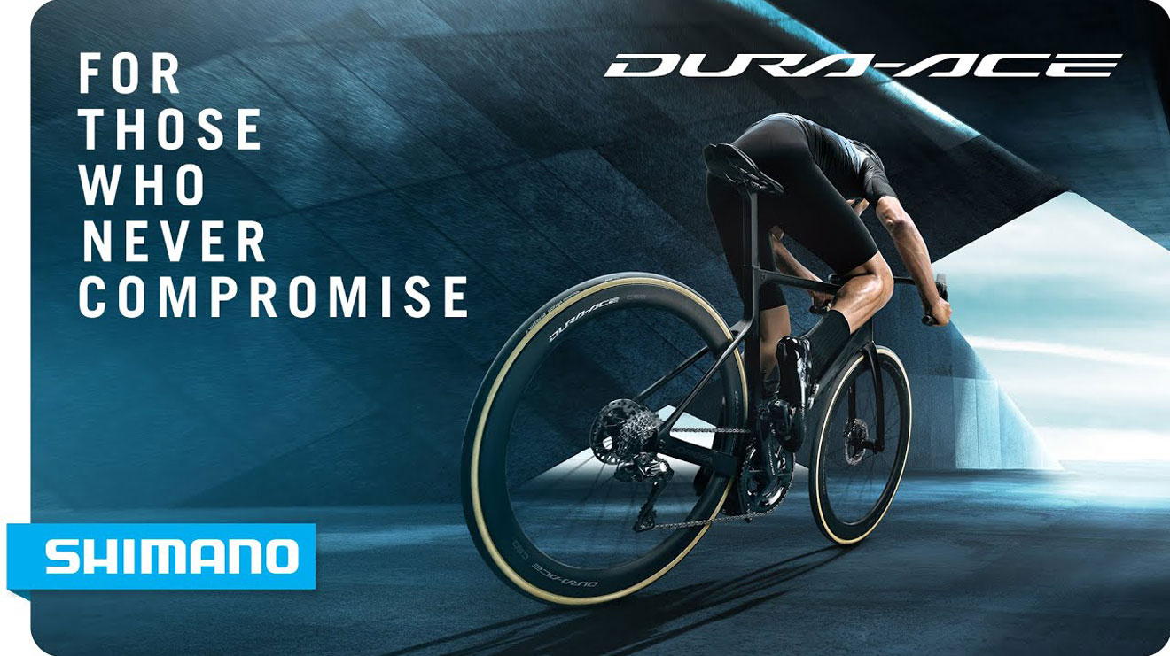 Cyclist riding a bike with text 'For those who never compromise' and Shimano logo.