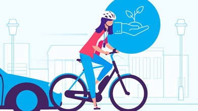 Illustration of a woman riding a bike with a car behind and an eco-friendly symbol above her.