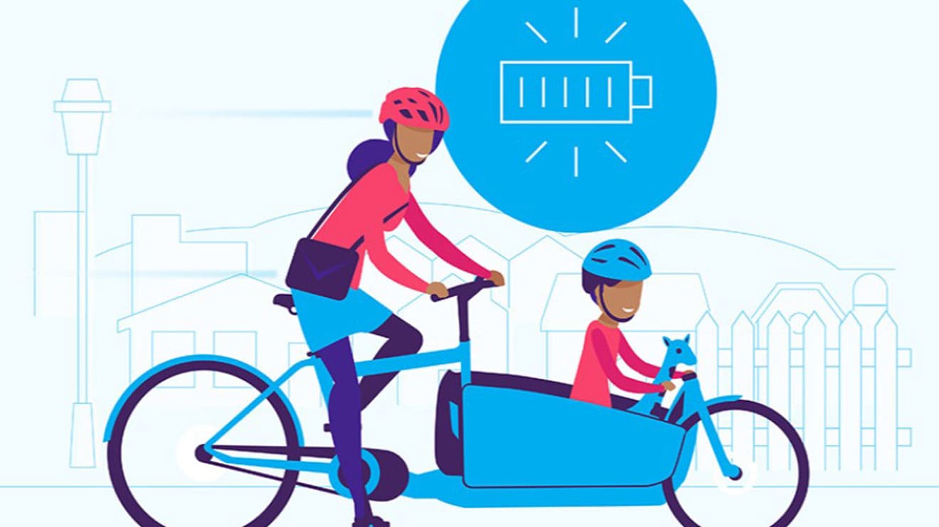 Illustration of a woman riding a cargo bike with a child and a battery icon above