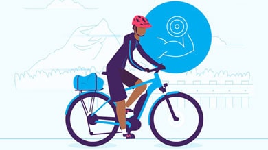 Illustration of a person riding a bicycle wearing a helmet with a background of mountains.