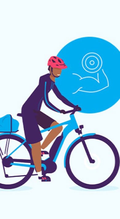 Illustration of people riding bicycles with icons of muscle, battery, and plant