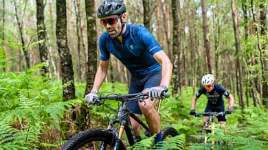 Two cyclists riding mountain bikes through a forest trail.