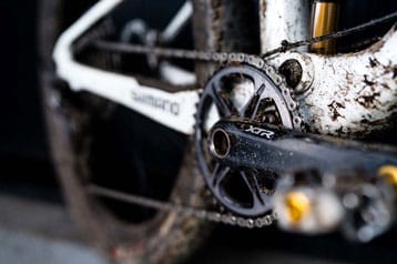 Close-up of a muddy bike chain and crankset