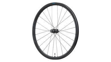 Shimano bike wheel with black spokes and rim