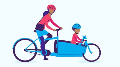 Illustration of an adult cycling with a child in a front cargo bike.