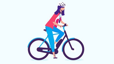 Illustration of a person with long hair riding a bicycle wearing a helmet and headphones