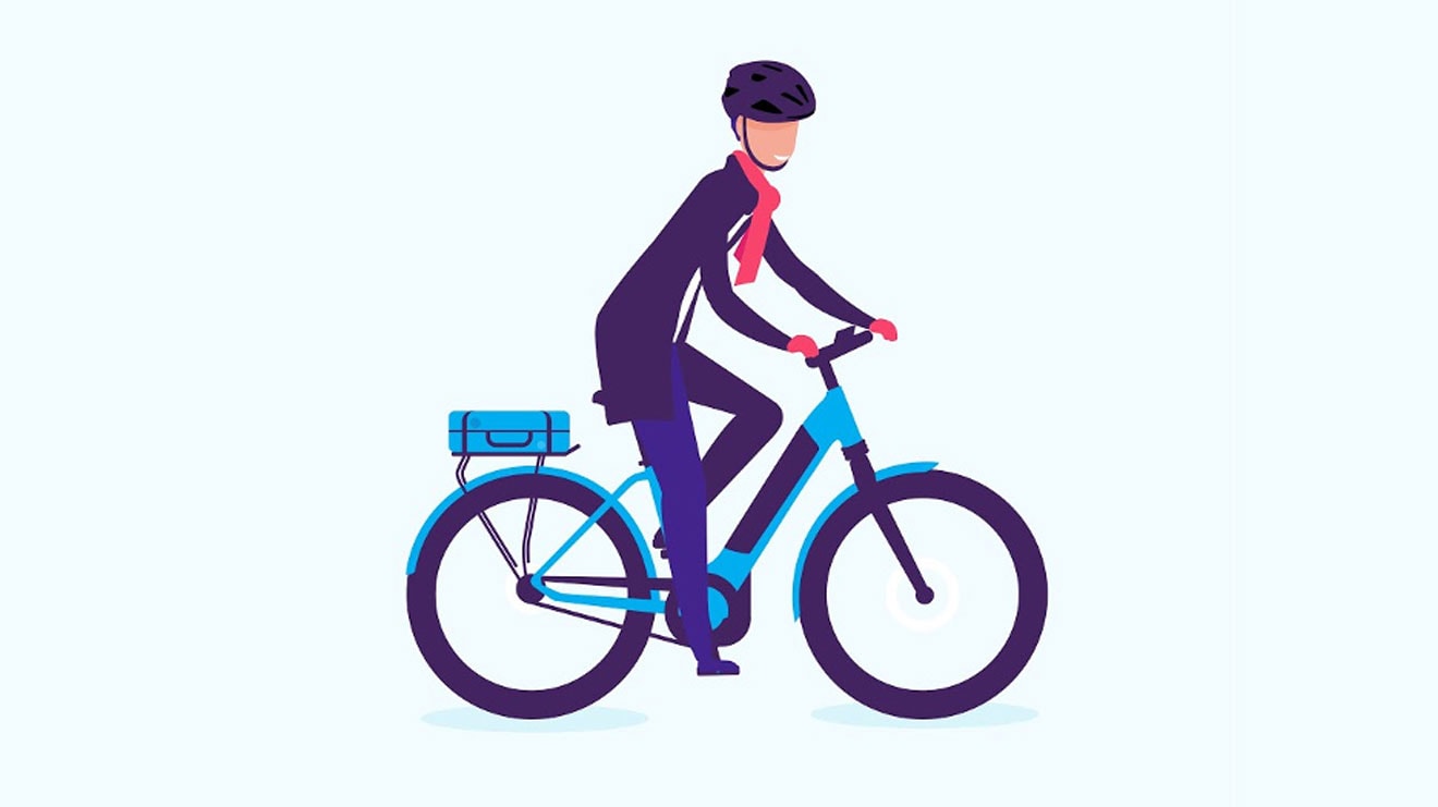 Illustration of a person riding a bicycle wearing a helmet and scarf