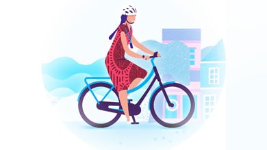 Illustration of a woman riding a bicycle wearing a red dress and helmet