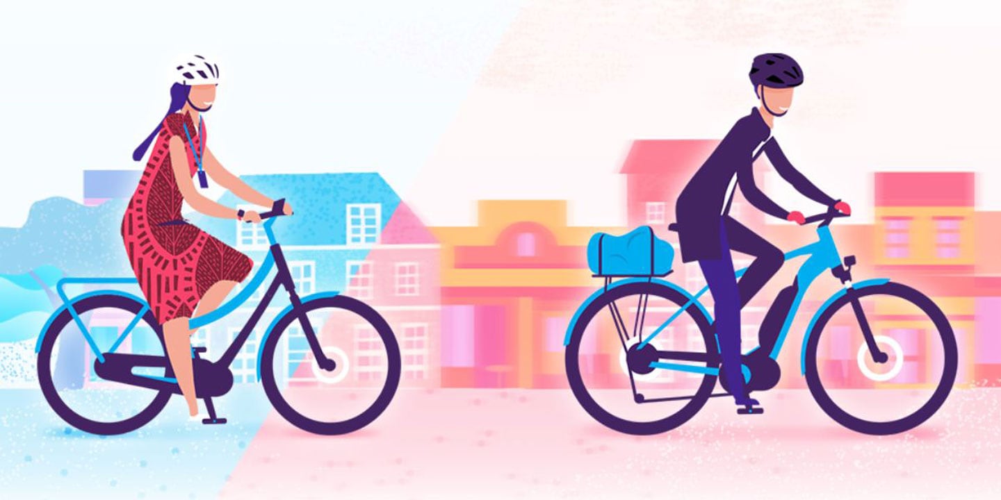 Illustration of three people riding bicycles in a colorful cityscape background.