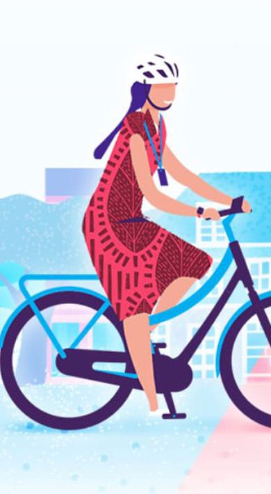 Illustration of three people riding bicycles in a colorful cityscape background.