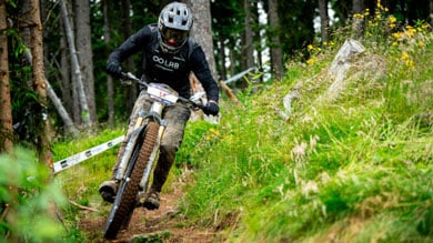 Mountain biker racing down a forest trail