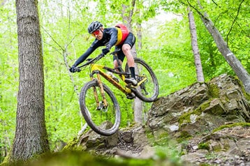 Mountainbiker rijdt een rotsachtig pad af in een bos.