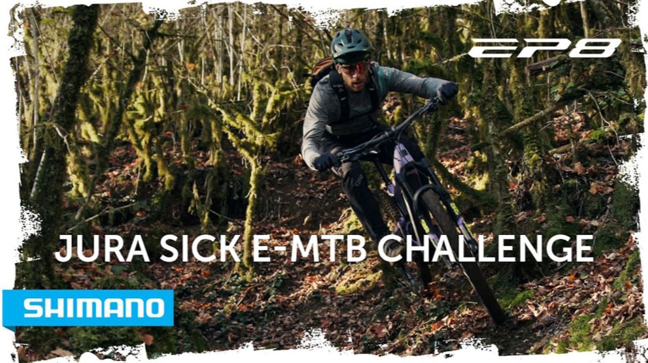 Cyclist riding through forest, Jura Sick E-MTB Challenge, Shimano EP8