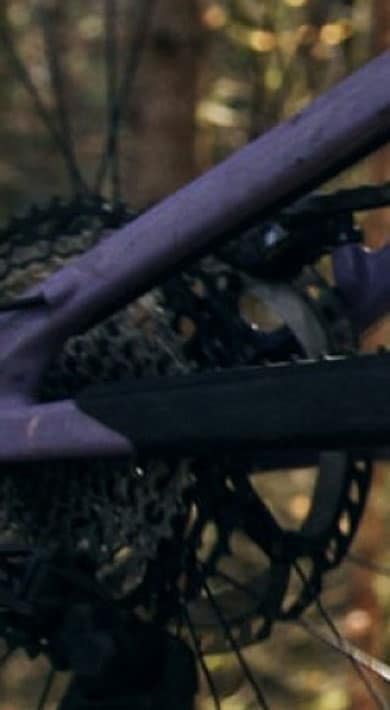 Close-up of a mountain bike's rear wheel and drivetrain on a forest trail