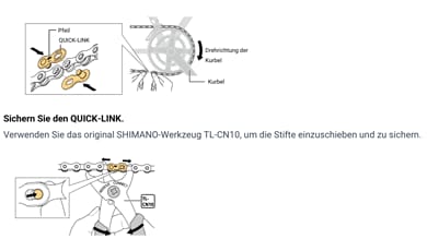 Ein Diagramm, das den Installationsprozess für eine QUICK-LINK Fahrradkette zeigt, mit beschrifteten Teilen einschließlich der Kurbel, Anweisungen zum Sichern des QUICK-LINK mit dem originalen SHIMANO-Werkzeug TL-CN10 und der Angabe der Drehrichtung für die Kurbel.