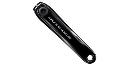 Biela negra de bicicleta Dura-Ace aislada sobre fondo blanco.
