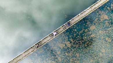 Luchtfoto van mensen op een smal betonnen pad boven water.