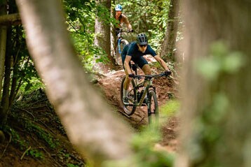 Fietsers rijden op mountainbikes over een bospad.