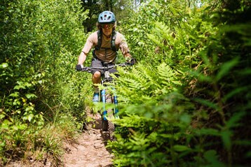 Mountainbiker rijdt over een weelderig groen bospad.