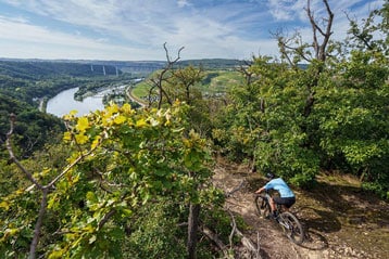 Mountainbiker navigeert een bospad.