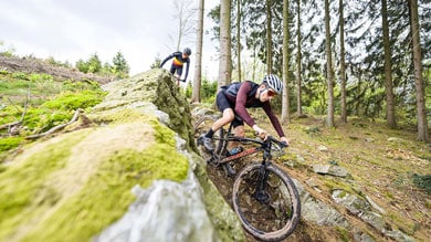 Mountainbikers navigeren een rotsachtig bospad.
