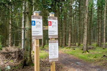 Bewegwijzering op een bospad met bomen en een zandpad.
