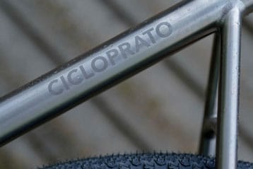 Close-up of a Cicloprato bicycle frame and tire