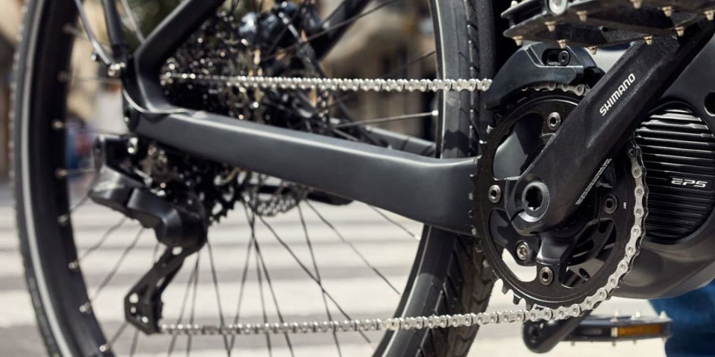 Close-up of Shimano EP8 electric bike motor and drivetrain