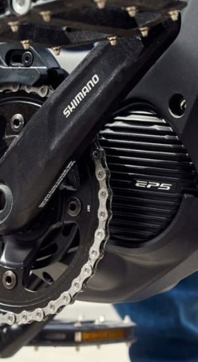 Close-up of Shimano EP8 electric bike motor and drivetrain