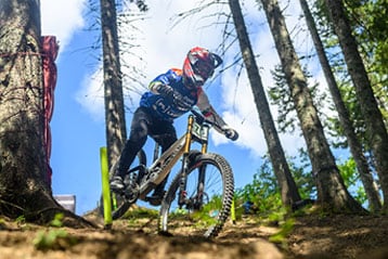 Um ciclista de montanha com camisola azul desce rapidamente uma trilha florestal, desviando-se dos obstáculos entre árvores altas. Focado, segura firmemente o guiador enquanto percorre o terreno acidentado.