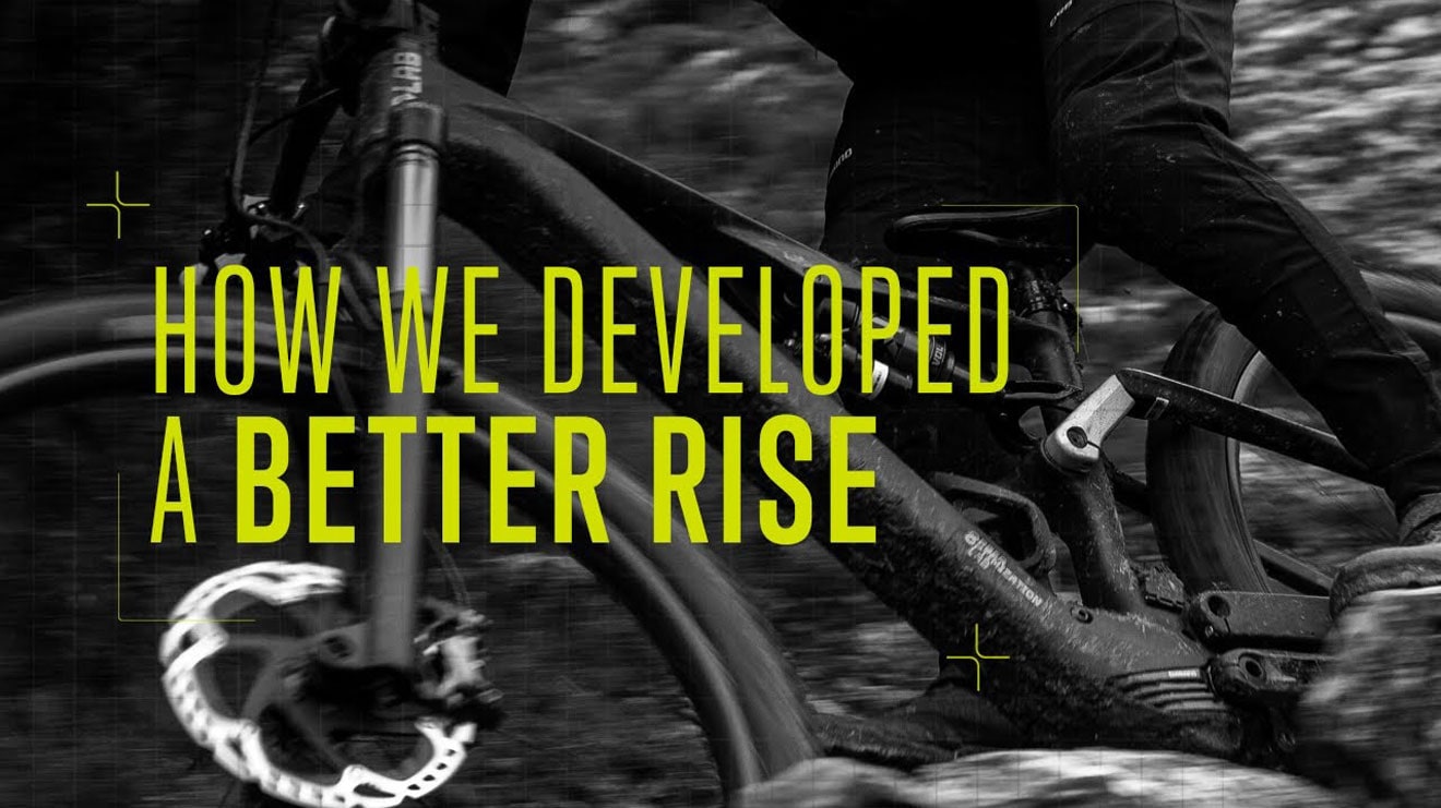 Mountain biker with text 'How We Developed a Better Rise'